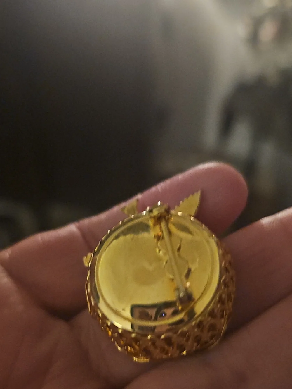 Gold Bird on Nest Brooch with Pearl Eggs - Gold